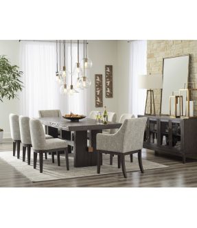 Allora Wooden Rectangular Dining Set (6-8 Seaters) with 6 Wooden Fabric Upholstered Dining Chair and 2 Dining Armchair